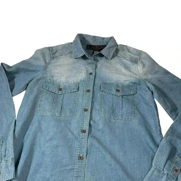 Polly & Esther Floral-Embroidered Button Up Shirt Chambray Women's Top S NWT - Picture 5 of 13